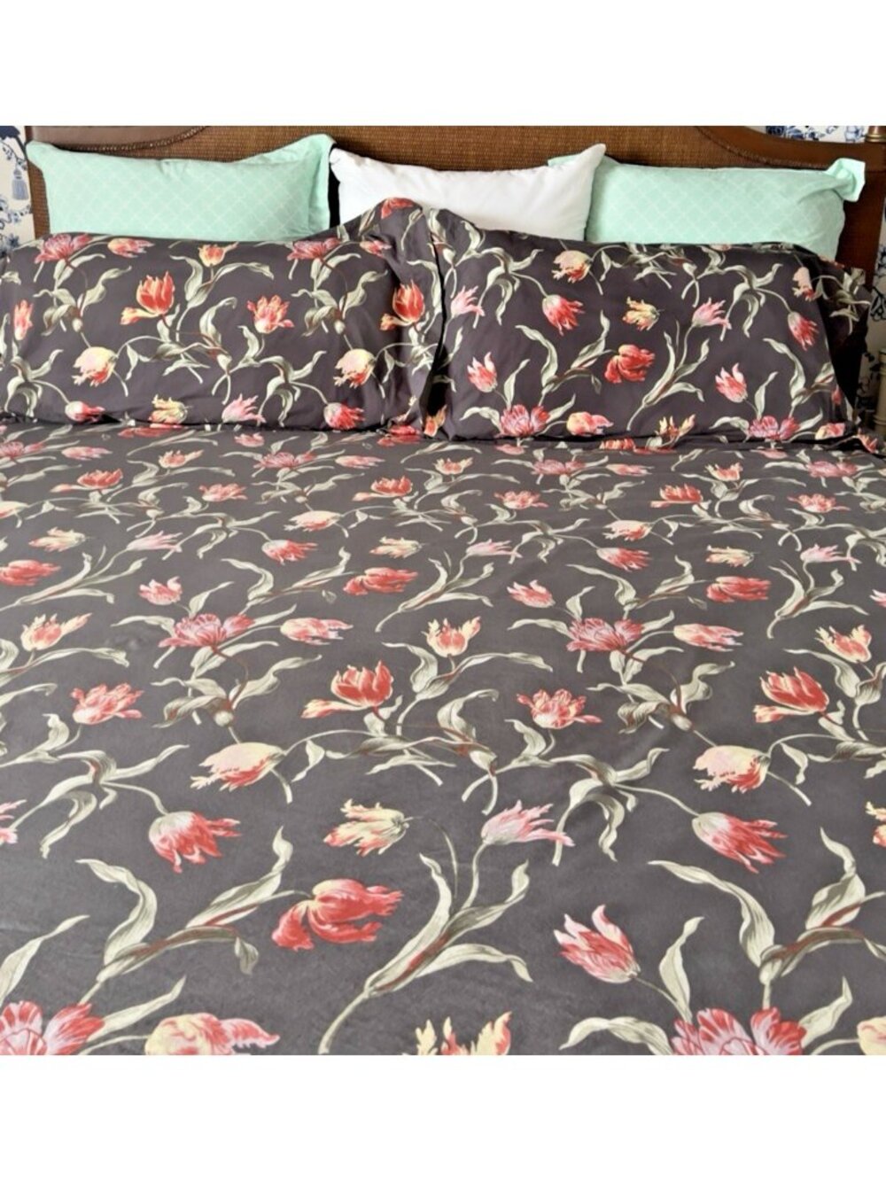 IKEA Alandsrot King Duvet Set French TULIP Floral Charcoal Gray 3 PC Bedding